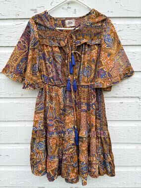 Andes Imports Dress Silk Paisley Tassle Bohemian Flutter Sleeve Ruffle S Boho